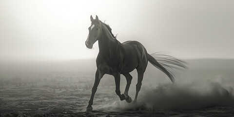 A  wild black horse galloping on the beach,horse in motion, beach scene, coastal, sea waves,