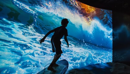 Fototapeta premium With the help of holographic tutors, a young boy learned to surf by riding virtual waves that crashed against a simulated beach, the cool spray of the holographic water a surprisingly realistic sensat
