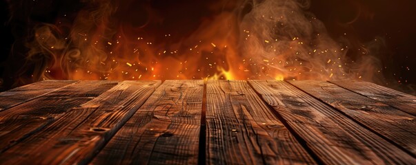 An empty wooden surface stands before an intense, blazing fire with sparks flying, suggesting a sense of anticipation. copy space for text.
