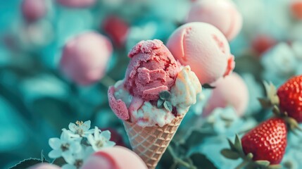 Strawberry ice cream scoop with fresh strawberries and mint. Generative AI - 793603844