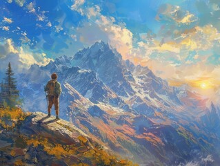 With the sun on his face and the wind in his hair, a traveler takes in the breathtaking vista of the mountain range spread out in front of him - obrazy, fototapety, plakaty
