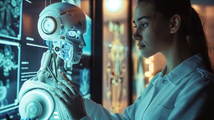 Woman teaching the AI robot how to create art using advanced digital software - obrazy, fototapety, plakaty