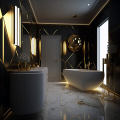 The interior illustration, modern bathroom, modern sanitary equipment, walls, and floors are decorated with natural marble. Very expensive building material. Marble from Europe.