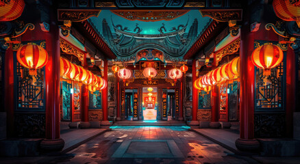Chinese style architecture, an archway surrounded in the style of red lanterns, a symmetrical composition, a wideangle lens, a night scene, bright colors, a festive atmosphere, lantern light reflectin - obrazy, fototapety, plakaty