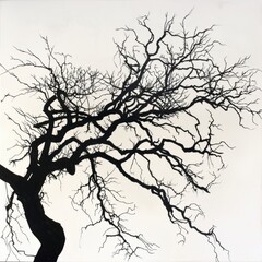 A tree with no leaves is depicted in black and white