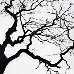 A tree with no leaves is depicted in black and white