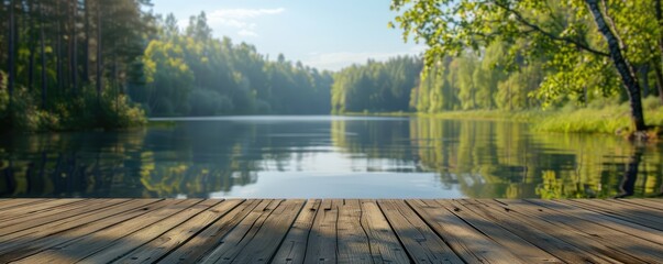 A calming waterfront view, inviting one to relax on a wooden dock leading to a serene lake surrounded by lush green forests. copy space for text. - obrazy, fototapety, plakaty