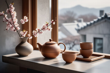 Authentic tea ceremony. Stylish minimalist still life with clay ceramic teapot and cups on stone windowsill. Vase with a sakura branch.