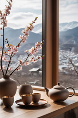 Authentic tea ceremony. Stylish minimalist still life with ceramic teapot and cups on wooden windowsill and vase with a sakura branch.