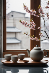 Authentic tea ceremony. Stylish minimalist still life with ceramic teapot and cups on stone windowsill.