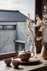 Authentic tea ceremony. Stylish minimalist still life with clay ceramic teapot and cups on stone windowsill. Vase with a sakura branch.