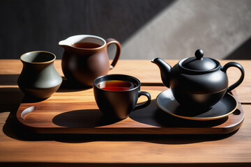Stylish minimalist still life with dark gray teapot and cups on wooden table. Sun light shadows. Authentic tea ceremony