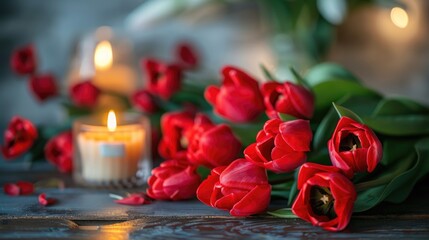 Red tulip bouquet accompanied by a candle evoking the essence of spring