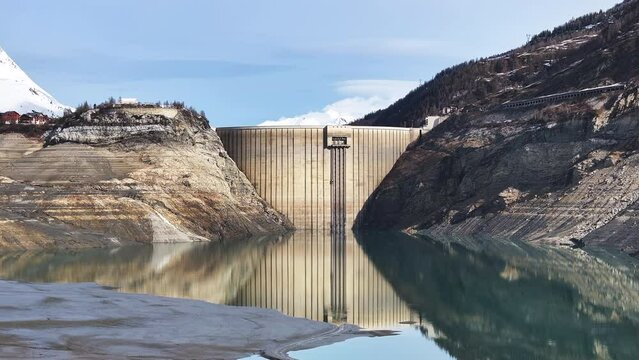 Aerial View Dam Empty Chevril Lake Tignes Savoie France Reflection Geometric Lines Blue Sky Winter Mountains