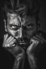 Obraz premium Intense monochrome portrait of a man with piercing yellow eyes, clutching his face in a dramatic pose.