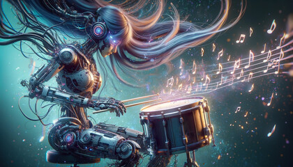 A robot woman playing a drum with a futuristic background. The drum is surrounded by musical notes and the robot is wearing headphones. - obrazy, fototapety, plakaty