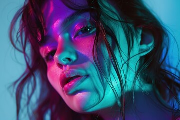 Fototapeta premium A woman's face illuminated by vibrant blue and pink neon lights, creating a moody and artistic effect.