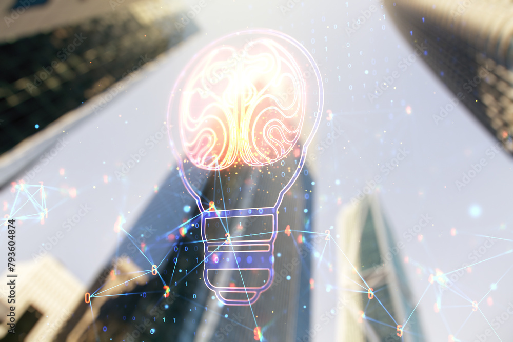 Poster double exposure of abstract virtual creative light bulb hologram with human brain on modern skyscrap