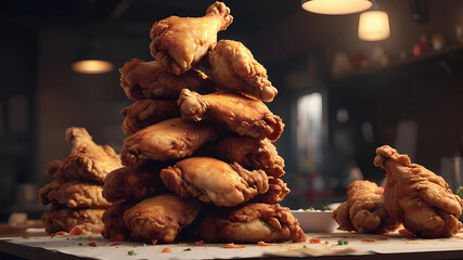 Fried chicken stacked on top of each other on a table, cinematic, cinematic lighting, sharp focus, smooth, concept art, ArtStation, digital painting, highly detailed