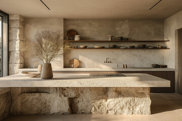 Rural Italian villa kitchen with minimalist design, functional spaces, and earth tone colors under diffused sunset light.