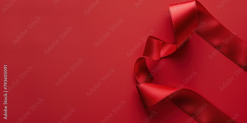 Poster a red ribbon elegantly curls against a vibrant red background with ample space for text.