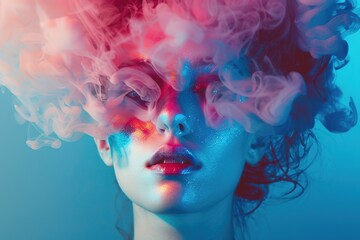 Vivid portrait of a person with colorful smoke effects and glitter makeup.