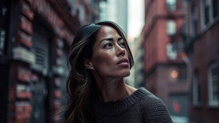 Obraz premium Young woman portrait on an urban city scene.