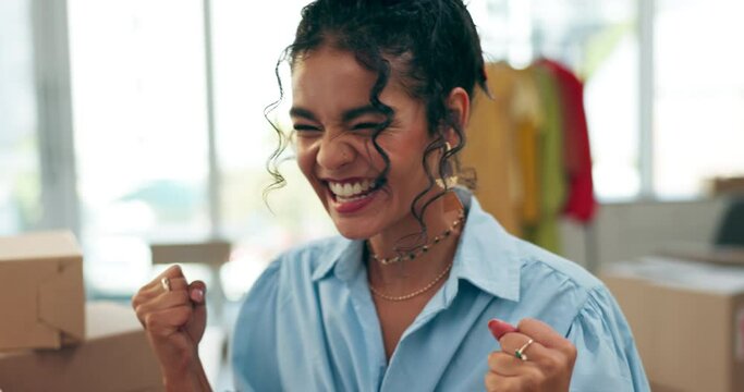 Woman, designer and laptop with fist for success and excited for invitation to international fashion show. Girl, creative person and computer with smile in celebration, profit or winning competition