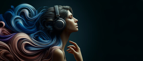 A woman with long hair is wearing headphones and appears to be listening to music. The image has a mood of relaxation and enjoyment, as the woman is fully immersed in her music - obrazy, fototapety, plakaty