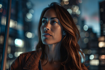 Obraz premium Young woman portrait on an urban city scene.