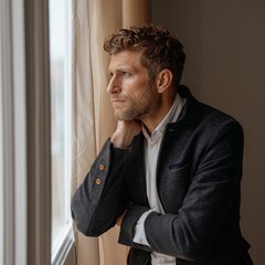 Fototapeta premium A man in a tailored blazer, looking thoughtfully through a window, hands folded, feeling contemplative, against a soft beige background, styled as an elegant corporate lifestyle shot.