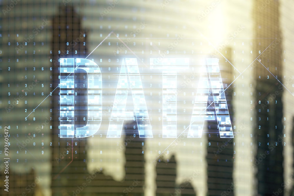 Poster data word hologram on blurry cityscape background, big data and blockchain concept. multiexposure