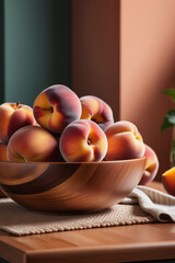 Ripe peaches in a wooden bowl on a wooden table and peach-colored wall background. Shadow casting.