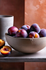 Interior with a plums in a concrete bowl standing on the stone table. Peach-colored wall background.