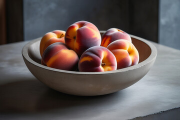 Ripe peaches in a concrete bowl on a grey concrete table and grey-colored wall background.