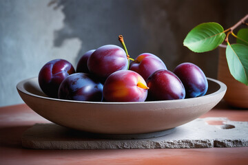 Interior with a plums in a concrete bowl standing on the stone table. Grey-colored wall background.
