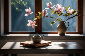 Minimalist interior with live edge concrete countertop. Ceramic vase with magnolia branch and ceramic teapot. Ceramist's workshop. Sunlight and long shadows. Interior elements