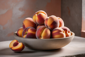 Ripe peaches in a concrete bowl on a grey concrete table and peach-colored wall background.