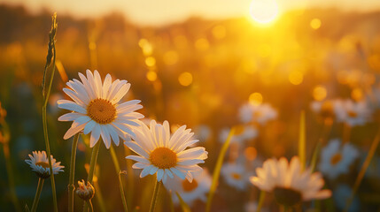 summer banner with daisy flowers against sunset background