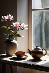 Minimalist interior with live edge concrete countertop. Ceramic vase with magnolia branch and...