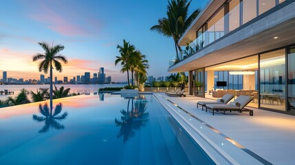 Overlooking the Miami skyline, a stunning infinity pool is complemented by sun loungers and palm trees on an outdoor patio, with a modern mansion featuring large windows 
