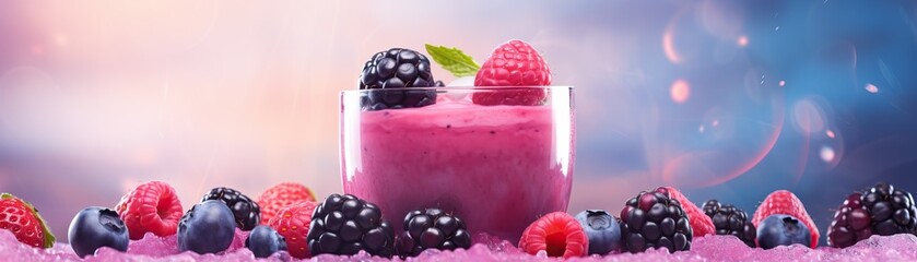 A glass of berry smoothie with fresh raspberries, blueberries and blackberries on the table. - obrazy, fototapety, plakaty