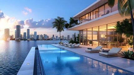 Fototapeta premium Overlooking the Miami skyline, a stunning infinity pool is complemented by sun loungers and palm trees on an outdoor patio, with a modern mansion featuring large windows 