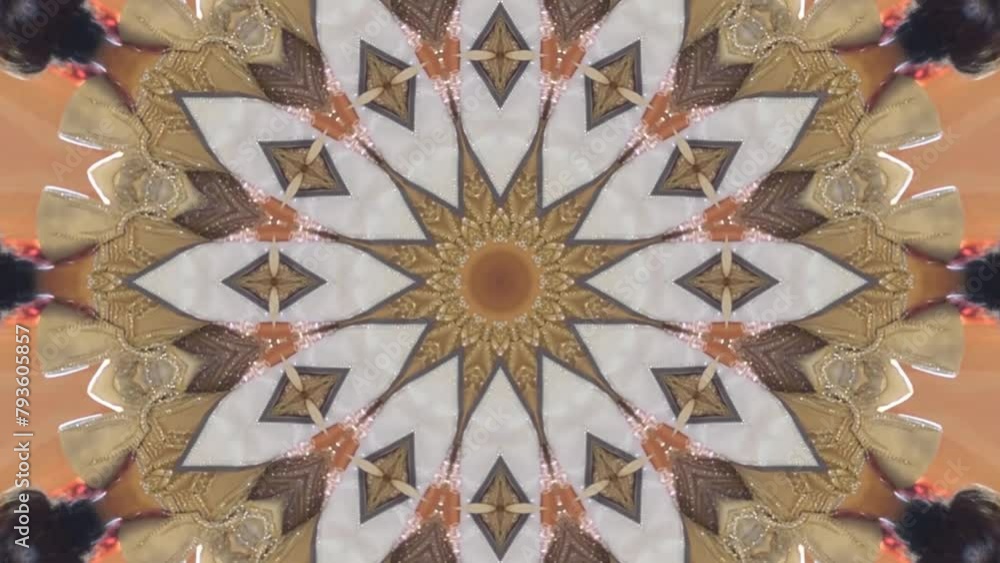 Poster vj loop yellow sci-fi tunnel 3d reflection abstract background. 3d 4k kaleidoscope sacred geometry g