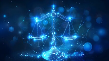 Futuristic justice, law judgement concept with glowing low polygonal balance scales isolated on dark blue background. Modern wire frame mesh design illustration.