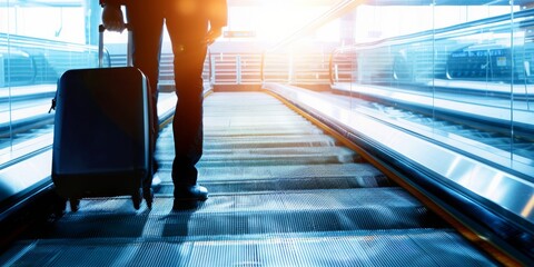 A Silhouetted Traveler with Suitcase on an Airports Moving Walkway, Embarking on a New Adventure, Generative AI