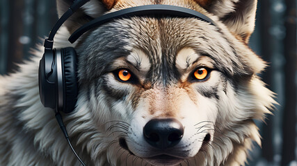 A wolf character listening  and enjoying musical delights with headphones in the forest
