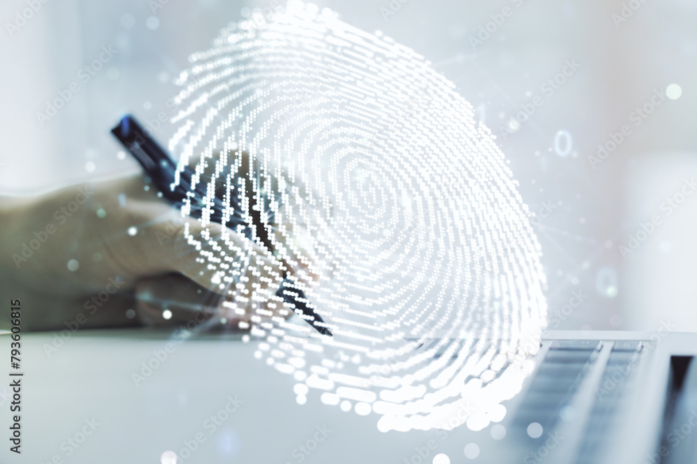 Aufkleber Multi exposure of abstract graphic fingerprint sketch with hand writing in diary on background with laptop, fingerprint scan data concept