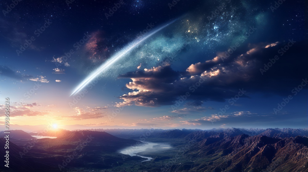 Poster a celestial event with a meteor breaking through the atmosphere