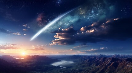 A celestial event with a meteor breaking through the atmosphere